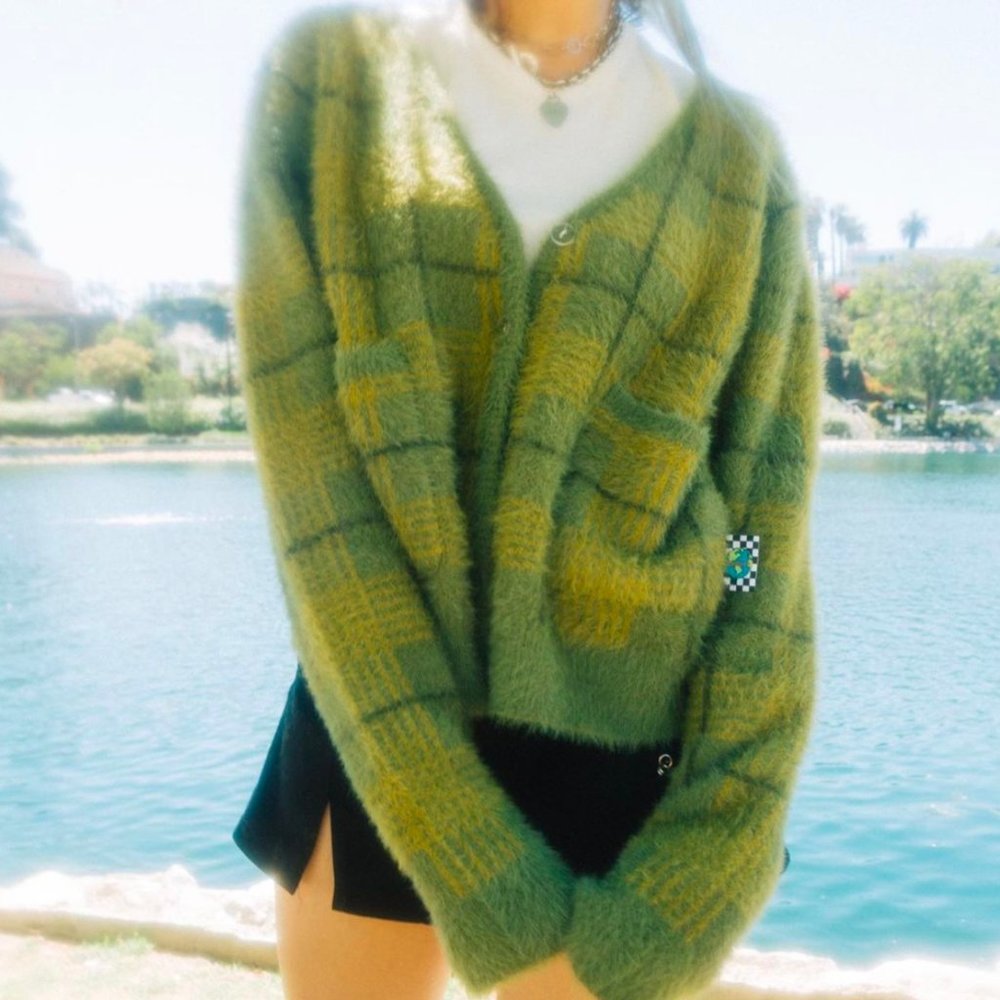 UNIF Fuzzy Green Plaid Cardigan